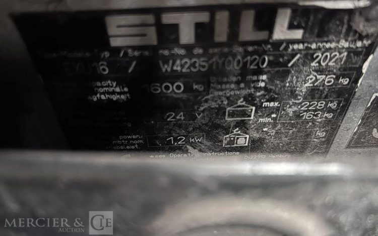 STILL TRANSPALETTE ELECTRIQUE EXU16 -CAP 1T6 – AN 2021 – 2440 HEURES ORA Y00120