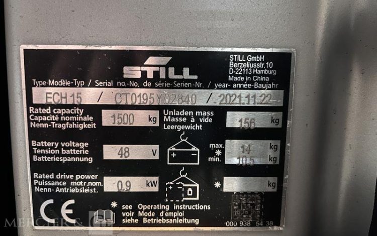 STILL TRANSPALETTE ELECTRIQUE ECH15 – CAP 1T5 – AN 2021 – 155 HEURES ORA Y02840