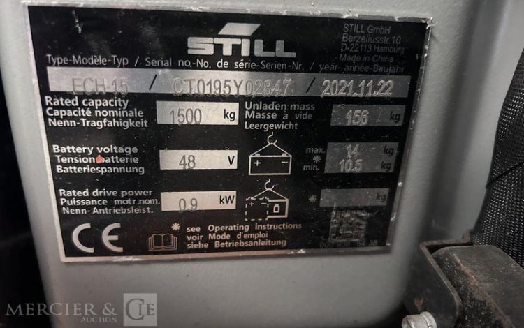 STILL TRANSPALETTE ELECTRIQUE ECH15 -CAP 1T5 – AN 2021 – 156 HEURES ORA Y02847