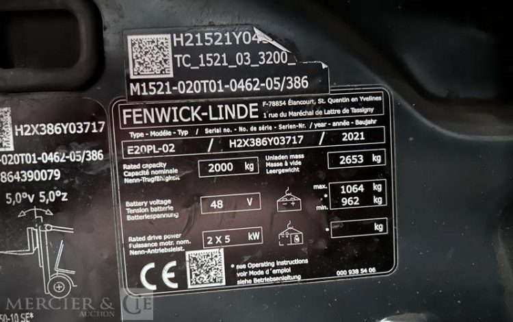 FENWICK CHARIOT ELEVATEUR ELECTRIQUE  E20PL-2 -CAP 2T – AN 2021 – 9870 HEURES ROUGE Y03717