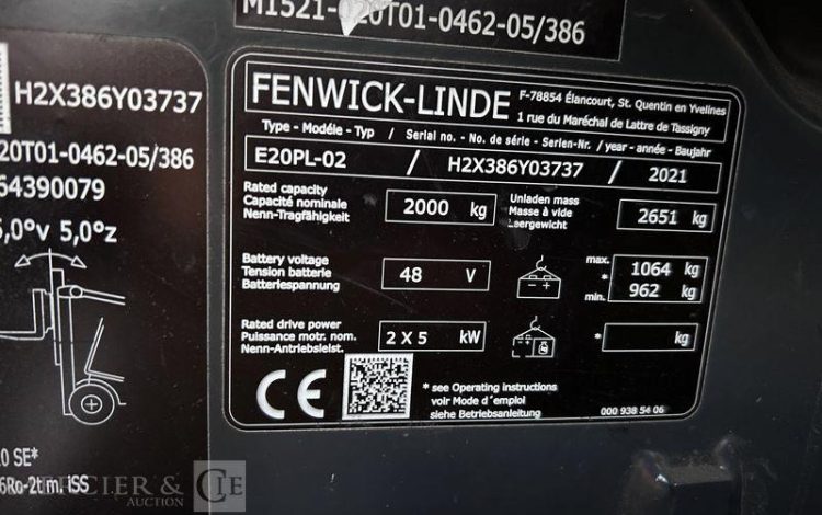 FENWICK CHARIOT ELEVATEUR ELECTRIQUE – E20PL-02 – CAP 2T – AN 2021 – 10664 HEURES ROUGE Y03737