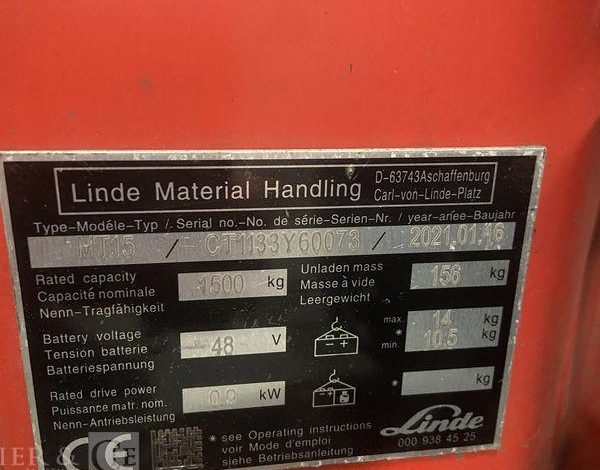 LINDE TRANSPALETTE ELECTRIQUE MT15 -CAP 1T5 – AN 2021 – 848 HEURES ROUGE Y60073