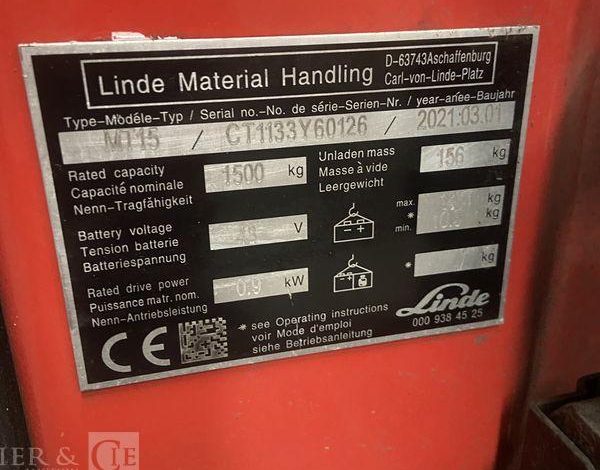 LINDE TRANSPALETTE ELECTRIQUE MT15 – CAP 1T5 – AN 2021 – 900 HEURES ROUGE Y60126
