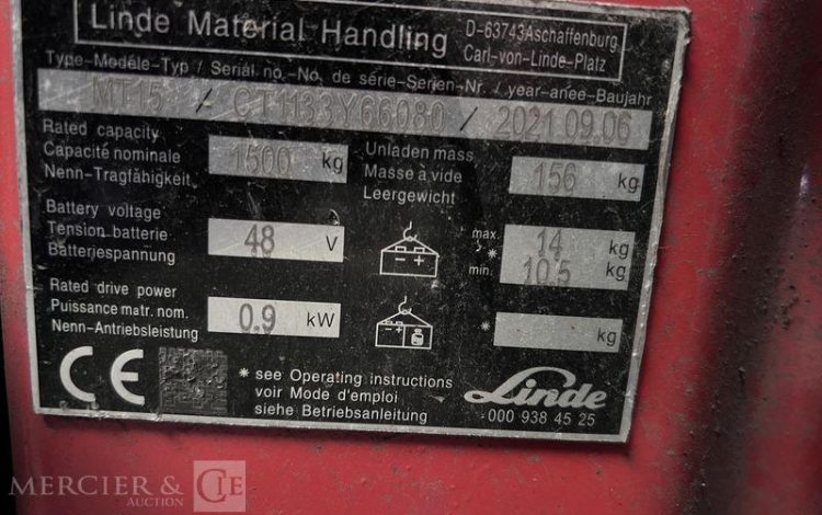 LINDE TRANSPALETTE ELECTRIQUE MT15 -CAP 1T5 – AN 2021 – 503 HEURES ROUGE Y66080