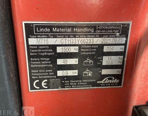 LINDE TRANSPALETTE ELECTRIQUE MT15 – CAP 1T5 – AN 2021 ROUGE Y66233