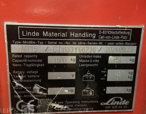 LINDE TRANSPALETTE ELECTRIQUE – MT15 – CAP 1T5 -AN 2023 – 773 HEURES ROUGE Y66236