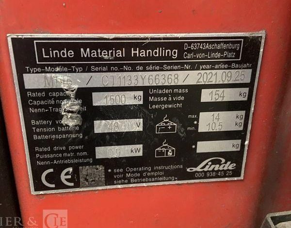LINDE TRANSPALETTE ELECTRIQUE MT15 – CAP 1T5 – AN 2021 ROUGE Y66368