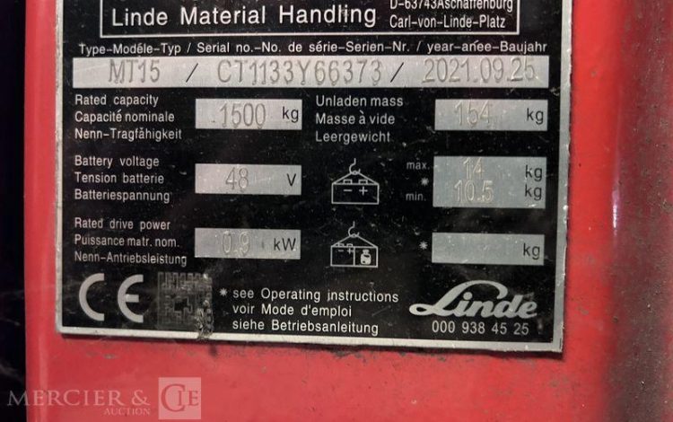 LINDE TRANSPALETTE ELECTRIQUE MT15 -CAP 1T5 – AN 2021 – 528 HEURES ROUGE Y66373