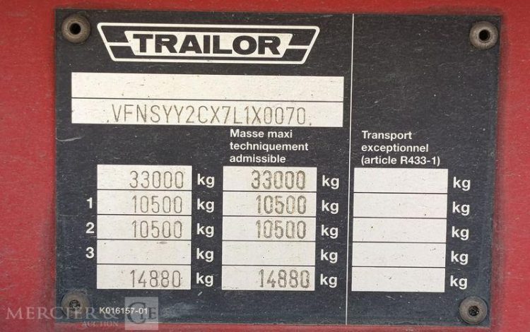 TRAILOR SEME REMORQUE BENNE BASCULANTE 2 ESSIEUS – PTAC : 33 TONNES – ANNEE 2017  810CTQ59
