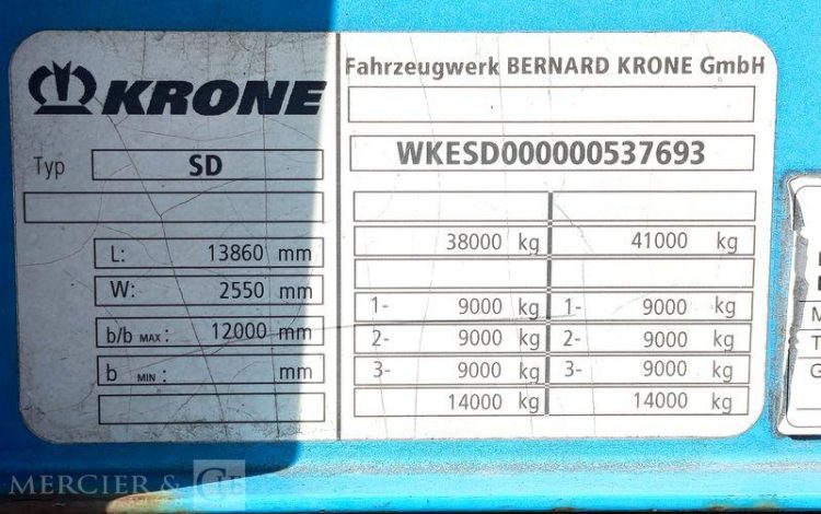KRONE SEMI REMORQUE BACHEE 3 ESSIEUX PTAC : 38 TONNES – ANNEE 2012  CG-077-KW