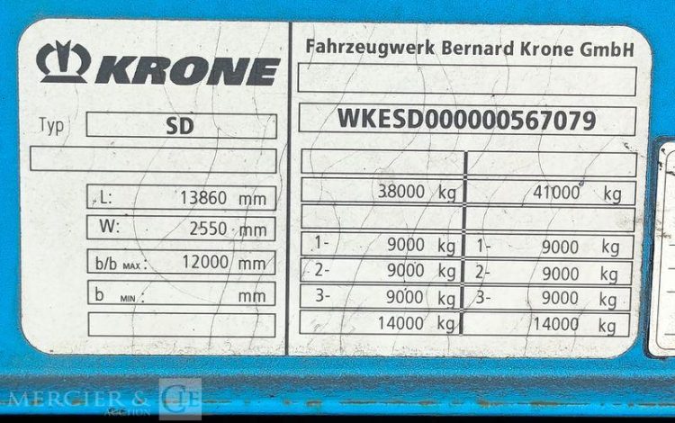 KRONE SEMI REMORQUE BACHEE 3 ESSIEUX – PTAC : 38 TONNES – ANNEE 2013  CS-563-LC
