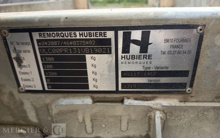 HUBIERE REMORQUE PORTE ROULANT 1 ESSIEU – PTAC : 1,3 TONNE – ANNEE 2019  FD-333-MP