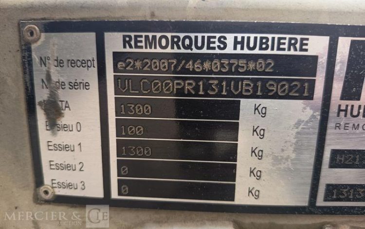 HUBIERE REMORQUE PORTE ROULANT 1 ESSIEU – PTAC : 1,3 TONNE – ANNEE 2019  FD-333-MP