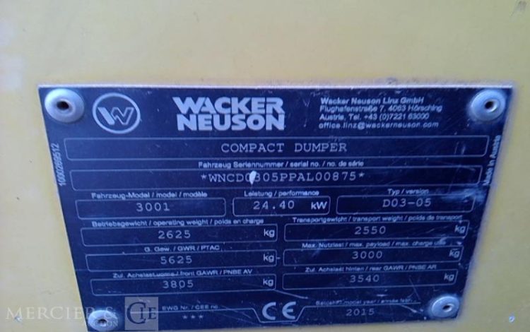 WACKER NEUSON DUMPER 3001 S GYRABENNE – 3T – 3208H – AN2015  GYR747003