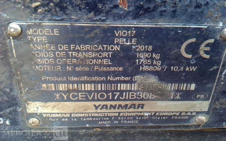 YANMAR MINI-PELLE CANOPY VIO17  – 3 GODETS – 1T7 – 2546H – AN2018  PEL2010001