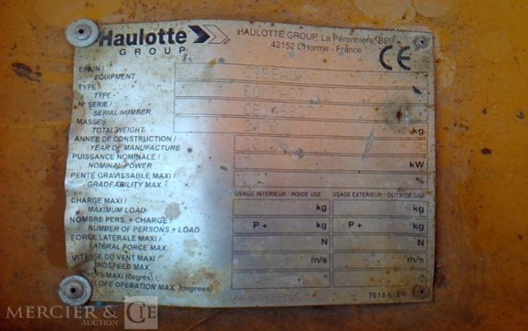 HAULOTTE NACELLE PLATEFORME CISEAUX COMPACT 12  – 12M – 755H – AN2012  SCI010173