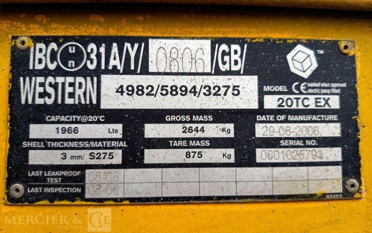 WESTERN CUVE A FIOUL SUR SKID AVEC PASSAGE DE FOURCHES – CAPACITE 2000 LITRES  TAN748207
