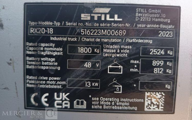 STILL CHARIOT ELEVATEUR FRONTAL RX20-18 – 1,8 T – ELECTRIQUE – 2090 H – ANNEE 2023  100689