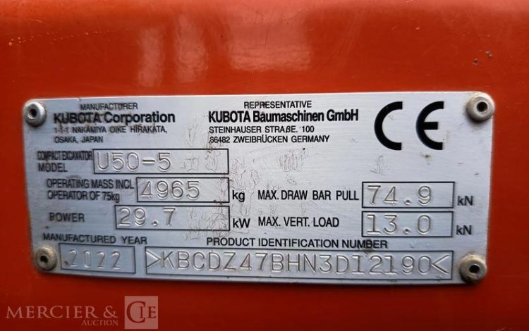 KUBOTA MINIPELLE U50-5 LUXE SUR CHENILLES DIESEL 5T – 2039 HEURES – ANNEE 2022  12190