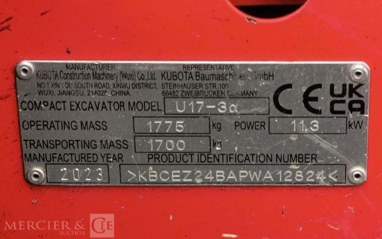 KUBOTA MINIPELLE U17-3x LUXE SUR CHENILLES A VOIE VARIABLE DIESEL 1,7T -1532H – AN 2023  12824
