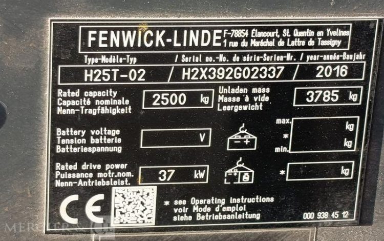 FENWICK CHARIOT ELEVATEUR FRONTAL H25T-02 – 2,5 T – GAZ – 861 H – ANNEE 2016  2337