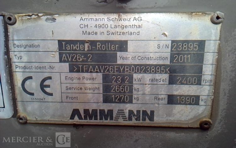 AMMANN ROULEAU DOUBLE BILLE AV26-2 – 2T6 –  1,2M DIESEL  – 2113h – AN2011  600329