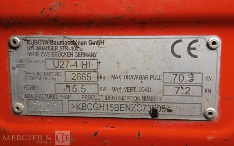 KUBOTA MINIPELLE U27-4 HI SUR CHENILLES 2,6T – DIESEL – ANNEE 2022  73603