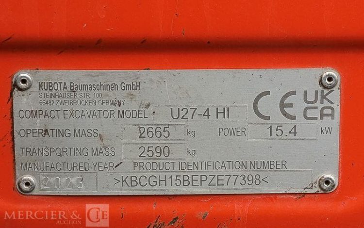 KUBOTA MINIPELLE U27-4 HI SUR CHENILLES DIESEL 2,6 T – 1520 HEURES – ANNEE 2023  77398