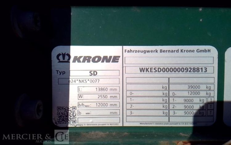 KRONE SREM PLSC BACHE –  3 ESSIEUX –  PTAC 38T  FQ-627-RX