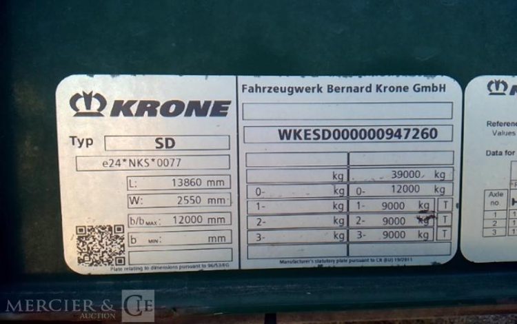 KRONE SEMI REMORQUE BACHE – 3 ESSIEUX – PTAC 38T  FV-855-PG