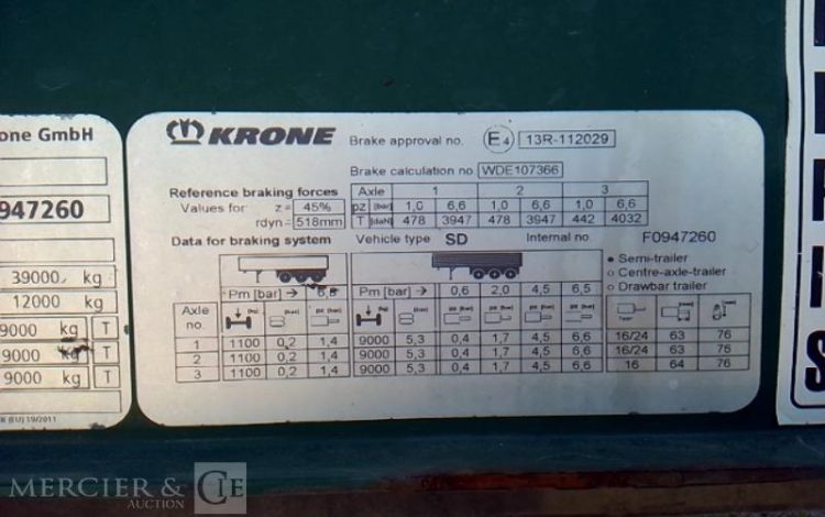 KRONE SEMI REMORQUE BACHE – 3 ESSIEUX – PTAC 38T  FV-855-PG