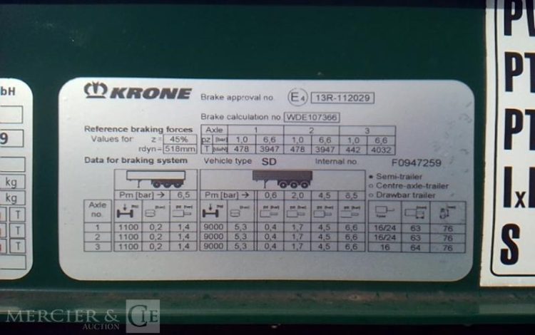KRONE SEMI REMORQUE BACHE 3 ESSIEUX PTAC 38T  FV-963-PG