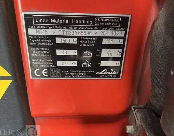 LINDE TRANSPALETTE ELECTRIQUE MT15 – AN 2021 – 671 HEURES ROUGE Y65596
